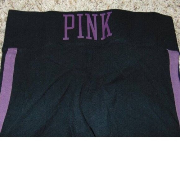 Womens Victorias Secret PINK Yoga Pants Medium Black Purple Crop Strappy Legs - Picture 6 of 6
